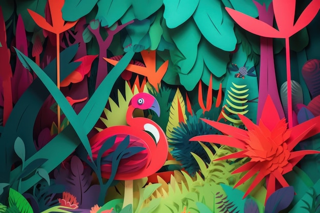 Una carta colorata ritagliata da una scena della giungla.