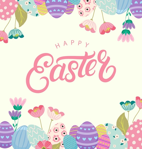 una carta con uova di Pasqua e uno sfondo rosa con un coniglietto rosa su di esso