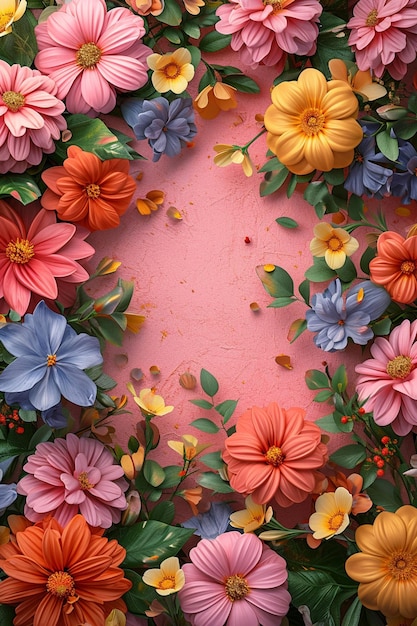 una carta d'invito 3D con un'elegante disposizione di fiori ispirati a Holi agli angoli