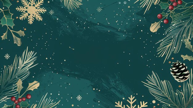 Una carta d'invito di Natale di lusso design art deco moderno fiocchi di neve coni di pino foglie di pino holly linea arte su uno sfondo verde illustrazione per copertine biglietti di auguri stampe manifesti