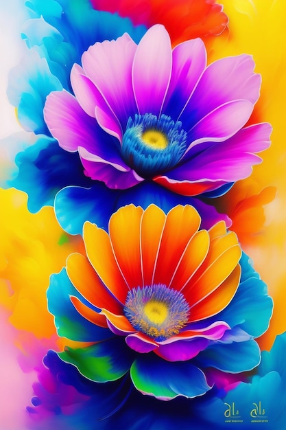 Una carta da parati a fiori colorati con uno sfondo giallo e un fiore blu e arancione al centro.