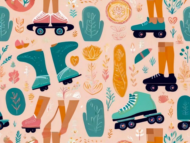 una carta da parati colorata con diversi disegni e oggetti tra cui skateboard e una macchina giocattolo