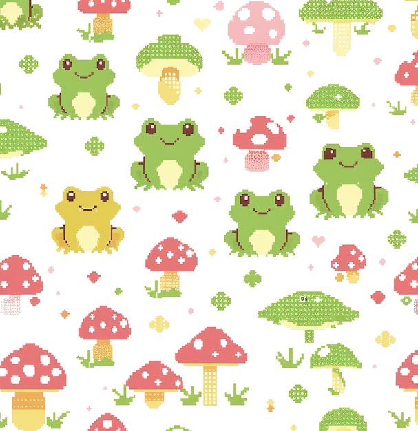una carta da parati colorata con una rana e funghi e funghi