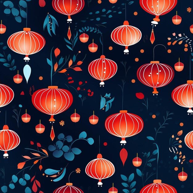 Una carta da parati con lanterne cinesi e fiori in rosso e blu.
