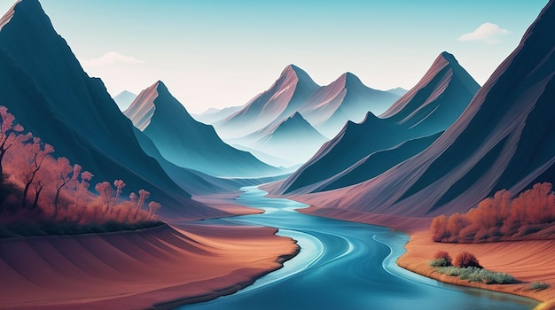 Una carta da parati con un surreale paesaggio astratto di montagne e fiumi