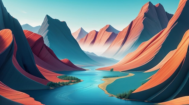 Una carta da parati con un surreale paesaggio astratto di montagne e fiumi