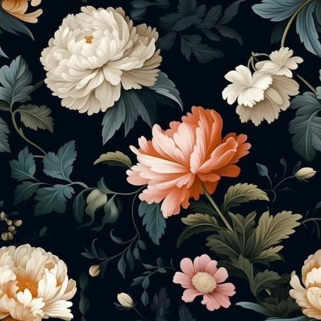 Una carta da parati floreale nera con un fiore rosa e bianco.