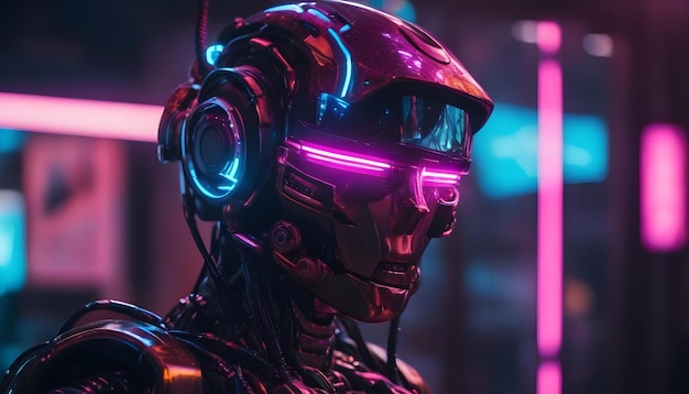 Una carta da parati futuristica con ritratto di robot cyberpunk in neon