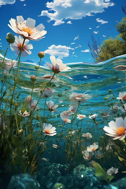 una carta da parati paesaggistica 3D che mostra fiori e erba nel campo nello stile di un paesaggio fluviale romantico
