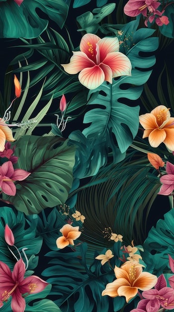 Una carta da parati tropicale con foglie e fiori tropicali.