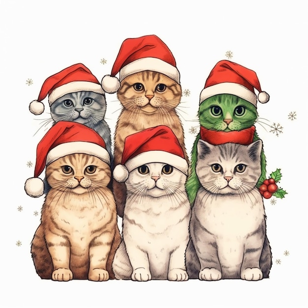 Una carta di Natale di gatti con cappelli e cappelli di Babbo Natale