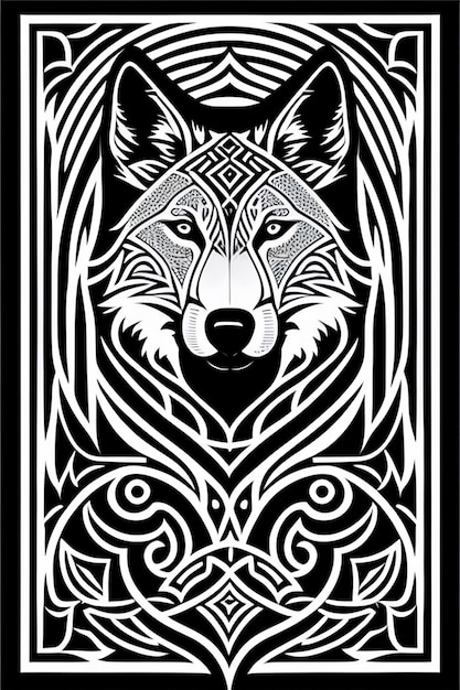 Una carta in bianco e nero con una testa di lupo.