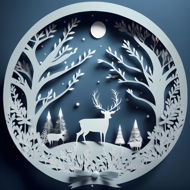 Una carta ritagliata da un cervo con alberi e neve sul terreno