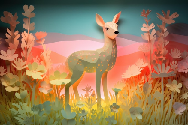 Una carta ritagliata da un cervo con un paesaggio montano sullo sfondo.