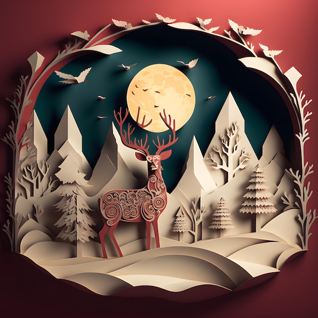 Una carta ritagliata da un cervo con una montagna innevata e alberi
