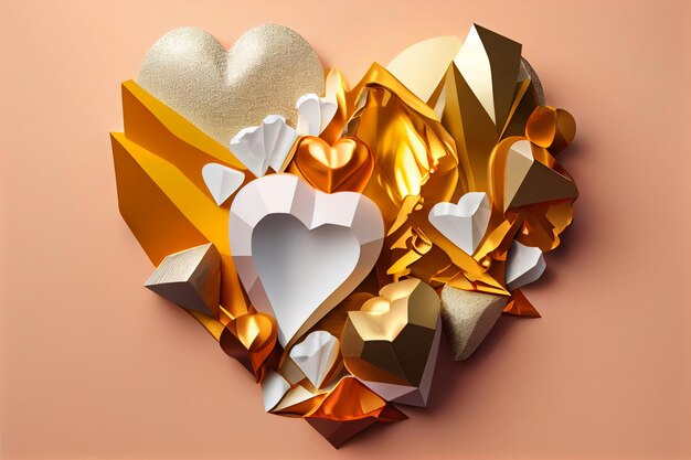 Una carta ritagliata da un cuore con oro e diamanti bianchi.