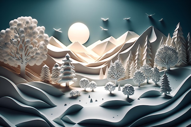 Una carta ritagliata da un paesaggio innevato con alberi e montagne sullo sfondo.