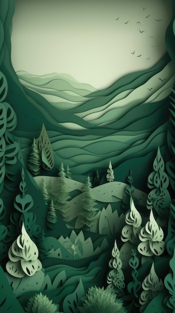 Una carta ritagliata da un paesaggio montano con alberi e montagne sullo sfondo.