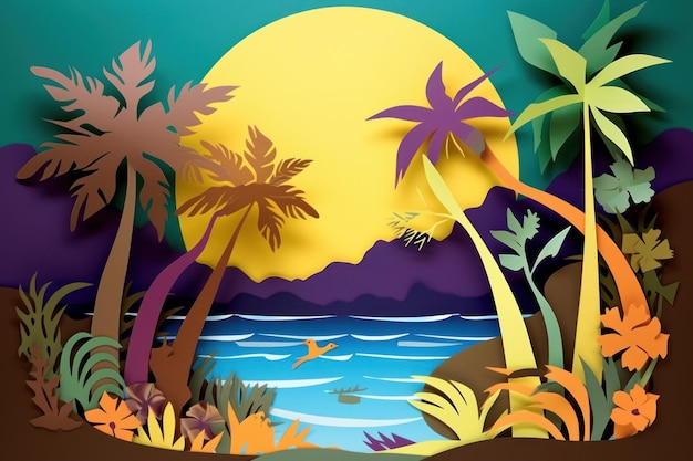 Una carta ritagliata da un paesaggio tropicale con palme e una montagna sullo sfondo.