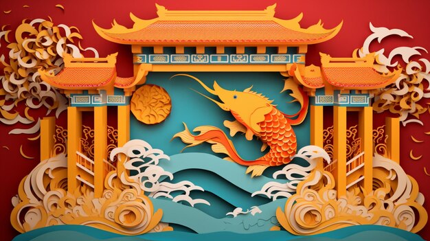 Una carta ritagliata da un tempio cinese con un pesce e uno sfondo in stile cinese.