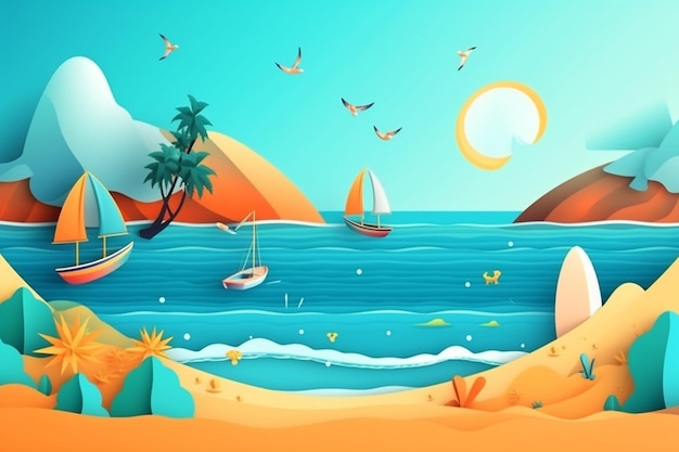 Una carta ritagliata da una spiaggia con una scena di spiaggia e una barca sull'acqua.