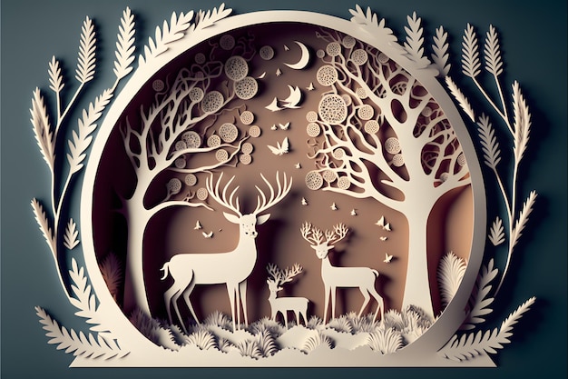 Una carta ritagliata da uno sfondo invernale di cervi in stile carta
