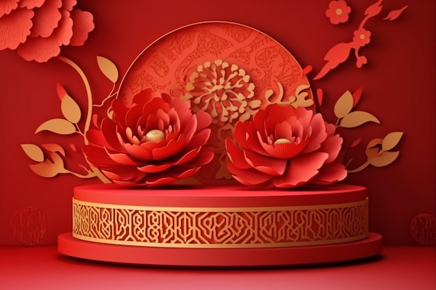 Una carta rossa ritagliata da una torta in stile cinese con sopra un motivo floreale.