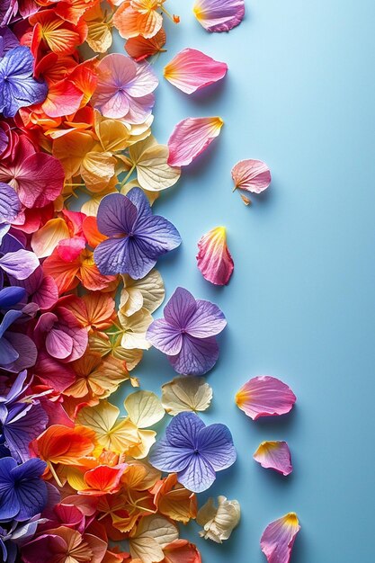 una cartolina 3D con una disposizione minimale di petali di fiori Holi colorati in un angolo