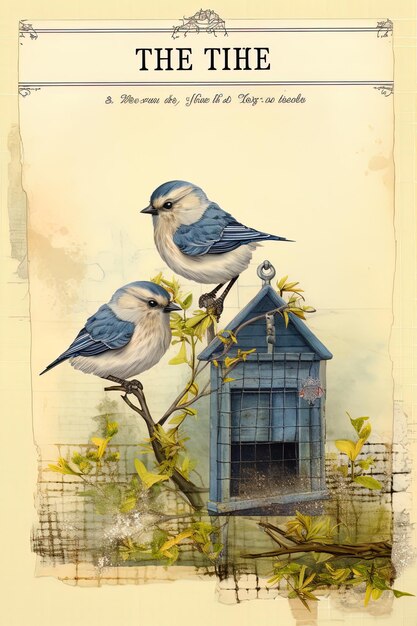 una cartolina con tre uccelli su di essa e un uccello in cima