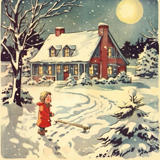 una cartolina con una casa sullo sfondo e una ragazzina con un cappotto rosso di fronte.