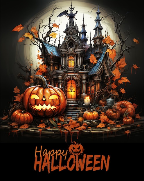 una cartolina di felice Halloween con zucche e un cappello da strega, arte gotica, un poster spettrale di Anne Stokes