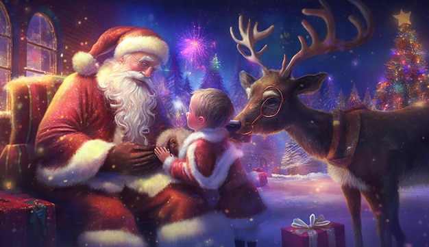 Una cartolina di Natale con Babbo Natale e renne