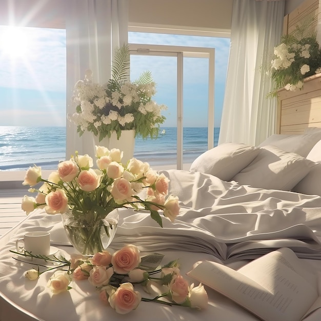 Una casa al mare piena di bellissimi mazzi di fiori e un diario prominente sul letto