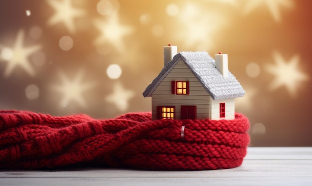 Una casa avvolta al caldo con una sciarpa a maglia, riscaldamento invernale e concetto energetico