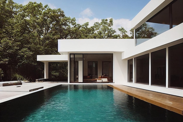 Una casa bianca con davanti una grande piscina