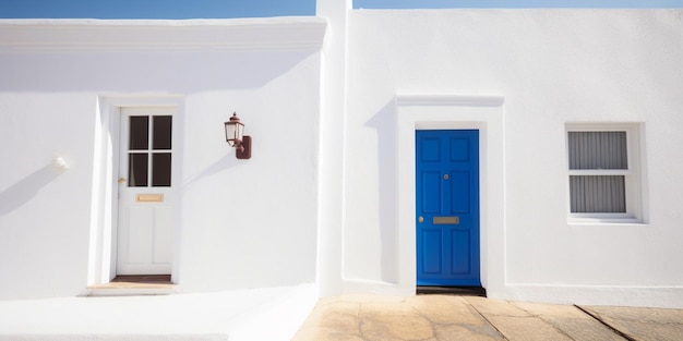 Una casa bianca con una porta blu e una casa bianca con una porta blu.