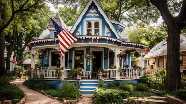 Una casa bianca e blu con una bandiera sul portico