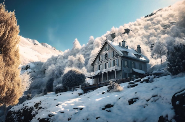 Una casa bianca sul fianco di una montagna innevata