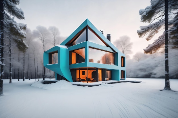 Una casa blu nella neve con la parola casa sul davanti.