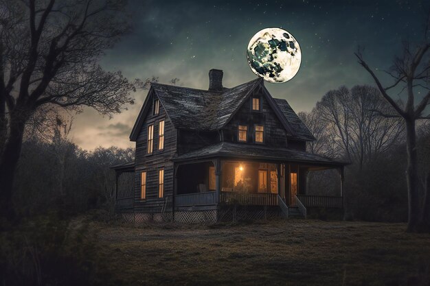 Una casa buia illuminata dalla luna piena