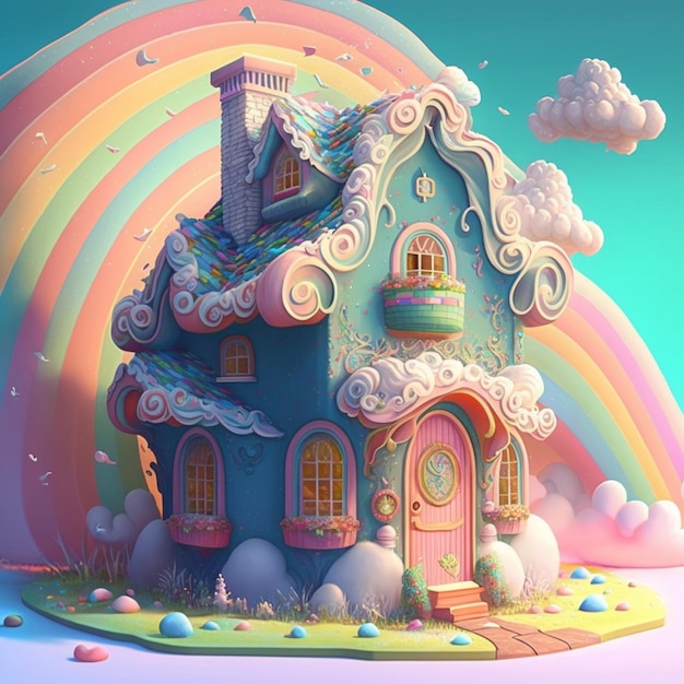 Una casa colorata con un arcobaleno sul tetto