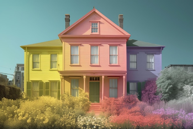 Una casa colorata con un prato verde davanti e una casa rosa con un albero verde davanti.