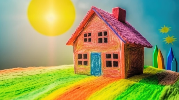 Una casa colorata su un arcobaleno con il sole sullo sfondo