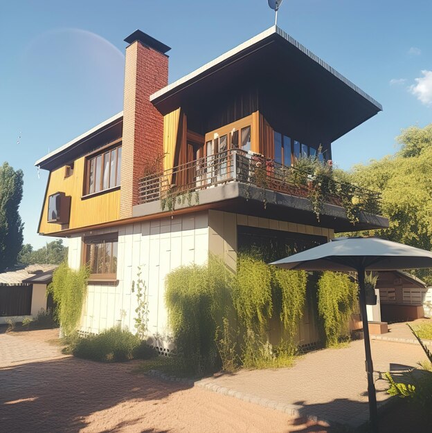 Una casa con balcone che ha un balcone sul lato