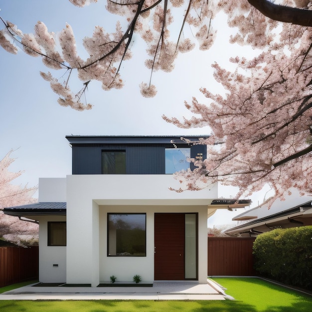 Una casa con fiori rosa sul davanti