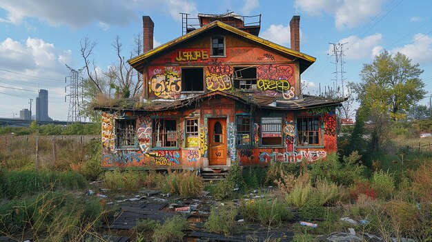 una casa con graffiti sul lato e la parola "u" scritta sul lato