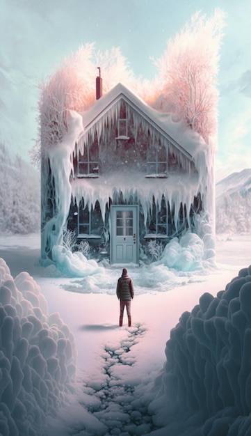 Una casa con il ghiaccio davanti e un uomo in piedi davanti.