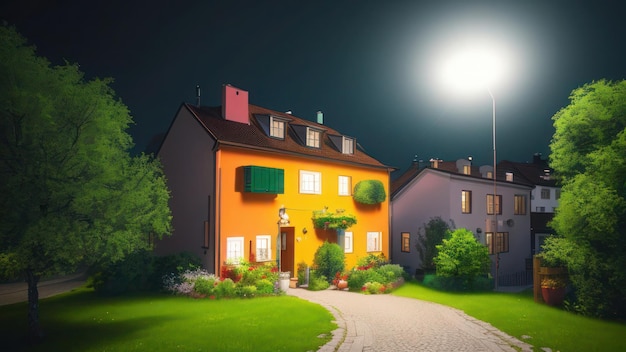 Una casa con la luna piena sullo sfondo