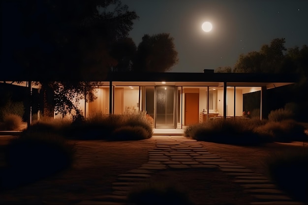Una casa con la luna piena sullo sfondo