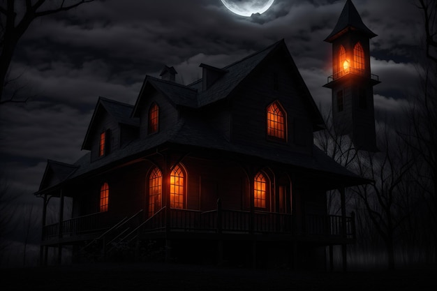 Una casa con la luna sullo sfondo